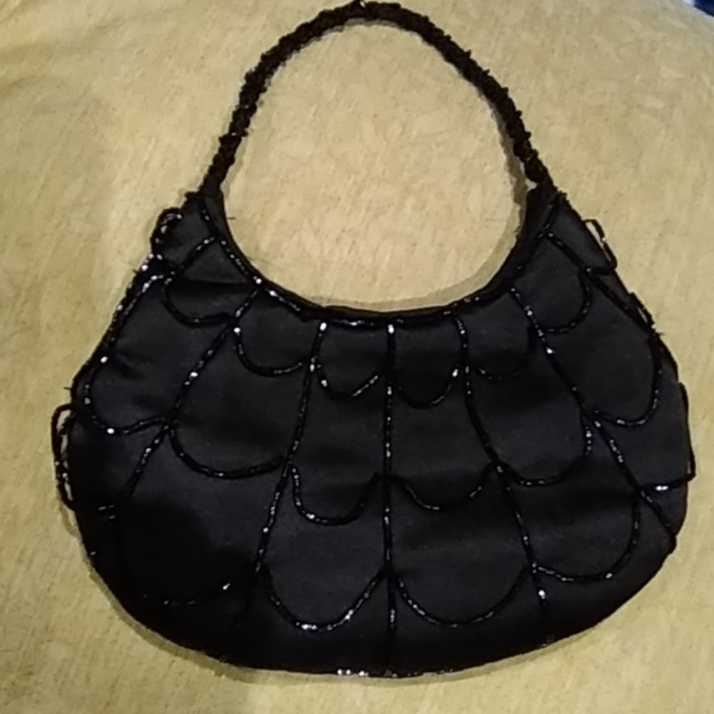 Vintage black satin look sequence clutch by debut